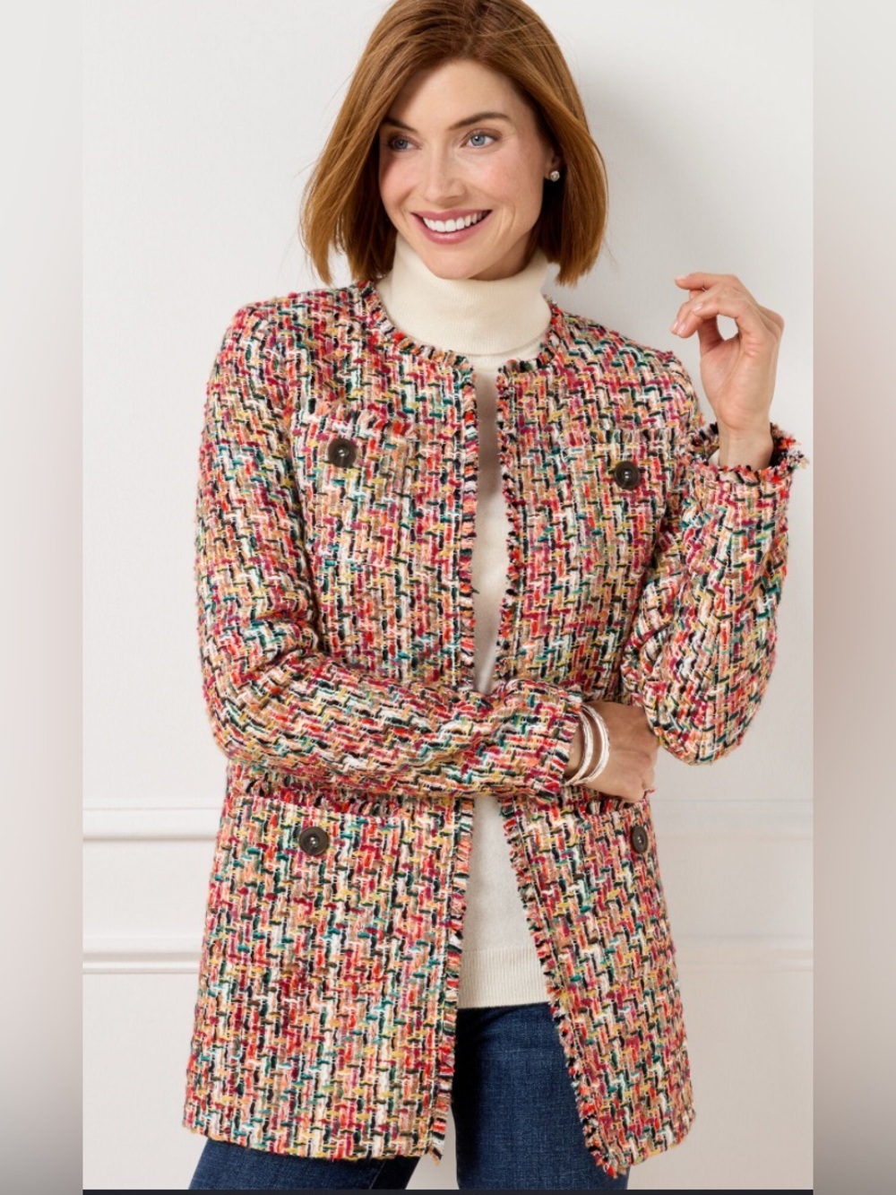 Talbots Candy Tweed Fringe Topper Open Front Blazer Jacket Women’s Size 4 Fall
